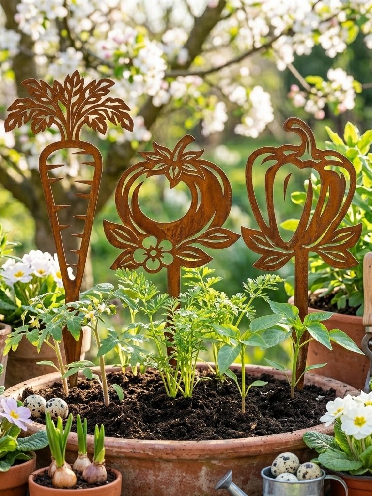 Gartendeko aus Edelrost Handgefertigter Gartenstecker aus Edelrost im Garten